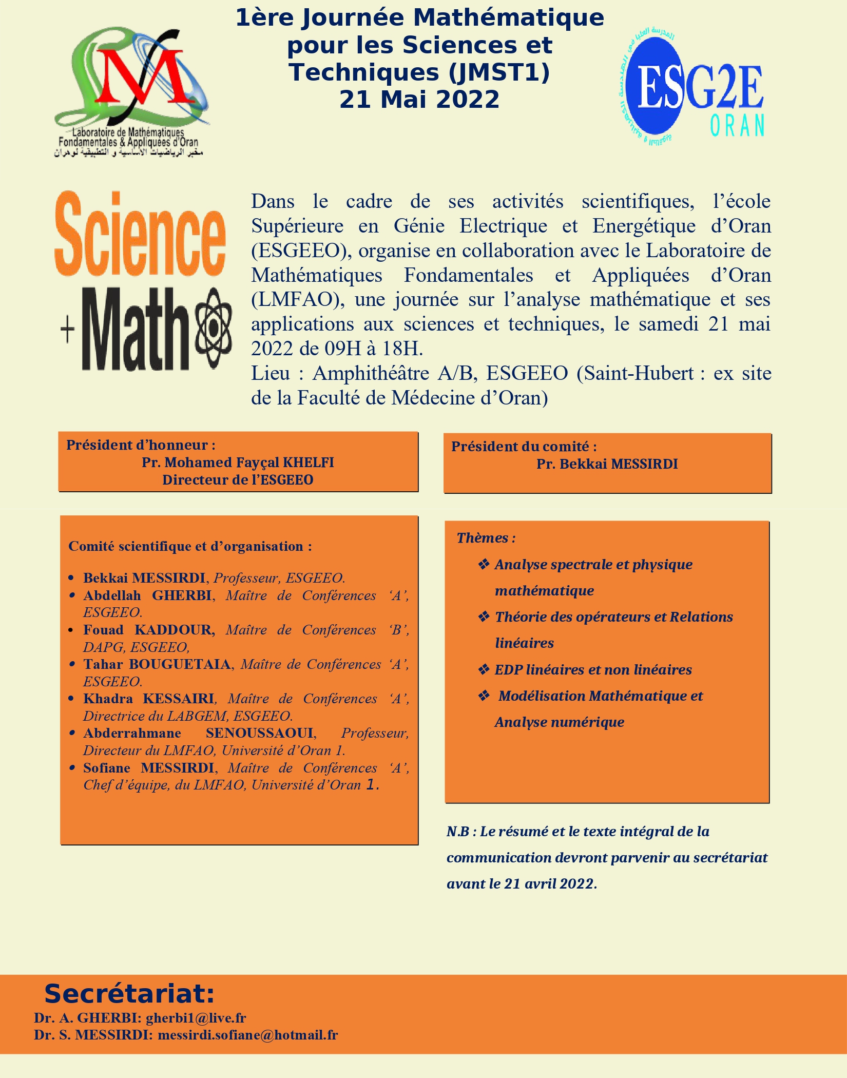 You are currently viewing 1ère Journée Mathématique pour les Sciences et Techniques (JMST1) 21 Mai 2022